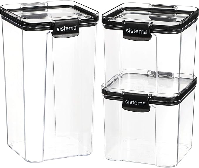 Sistema Tritan Ultra Airtight Pantry Storage Containers, 3-Pack, BPA-Free, Stackable, Clear with Locking Clips