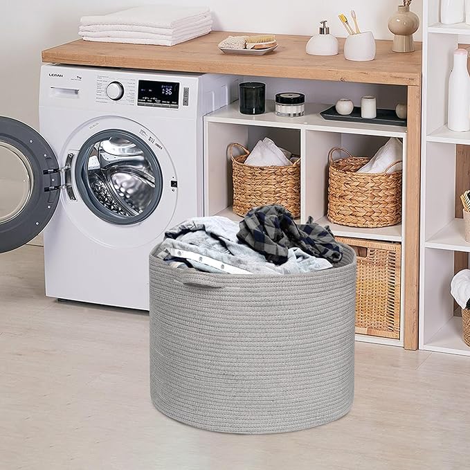 Extra Large Grey Storage Basket, 22" X 22" X 14" XXXL Blanket Basket for Living Room, Gray Wicker Woven Cotton Rope Baskets for Storage, Kids Toy Baskets Bins, Decorative Pillow Towel Basket