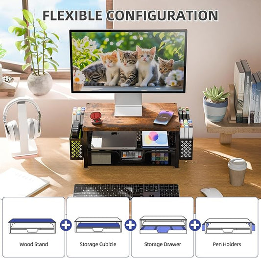 Simple Trending Desk Organizers and Accessories, 2 Tier Monitor Stand Riser with Drawer and 2 Pen Holder for Offices and Dormitories (Wood)