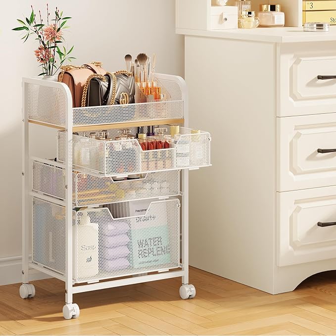 Rolling Makeup Cart Organizer with 3 Drawers, Floor Skincare Organizers with Wheels, Cosmetics Display Cases, Vanity Storage Organizer for Skin Care Perfume Nail Polish, White