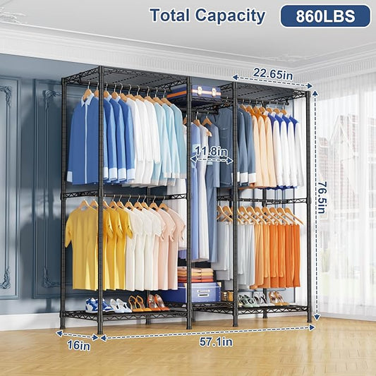 Ulif E12 Clothes Rack,Heavy Duty Freestanding Garment Rack with Shelves,Metal Clothing Closet Storage System for Hanging Clothes,57.1" W x 16" D x 76.5" H, Hold 860 lbs,Black