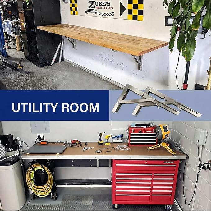 Heavy Duty Folding Shelf Brackets 16 Inch 4 Pack, Collapsible Stainless Steel Wall Mounted Brackets for 8 10 12 14 16 18 20 Inch Shelves & Fold Down Tables - Space Saving Hardware