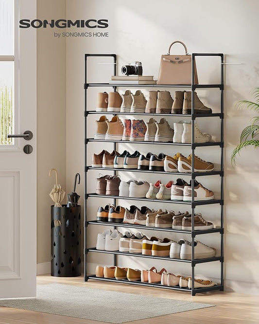 SONGMICS Shoe Rack, 8-Tier Shoe Organizer, Metal Storage Shelf, Upright or Upside Down, for 32-40 Pairs, Stackable, for Entryway, 11.8 x 36.2 x 56.5 Inches, Black ULSA308BH01