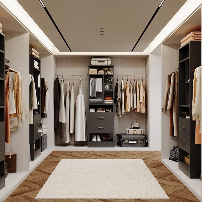 COTUBLR Closet System, 48" W - 105” W Closet Organizer with 24” Tower and 2 Extendable Hanging Rods, Walk-in Wardrobe Garment Rack with 2 Wooden Drawers and 6 Shelves, Fit up to 600 LBS (Black)
