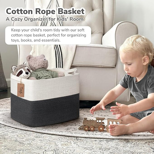 Goodpick Woven Storage Baskets for Organizing, 18" x 14" x 12" Baby Laundry Blanket Toy Basket for Living Room, Rectangle Cotton Rope Baskets with Handles, Dark Gray
