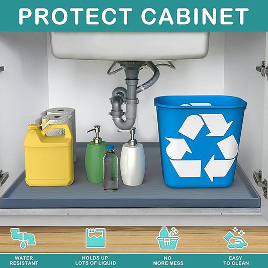 URMONA Waterproof Silicone Under Sink Mat 28'' x 19'' Shelf Liner for Kitchen and Bathroom, Cabinet and Counter Protector, Storage and Organizers, Litter Mat, Pet Cat Puppy Essentials(Dark Grey)