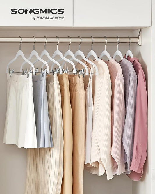 SONGMICS 30-Pack Pants Hangers, 16.7-Inch Long Velvet Hanger with Adjustable Clips, Heavy-Duty, Non-Slip Skirt Hangers, Space-Saving for Pants, Skirts, Coats, Dresses, White UCRF012W02