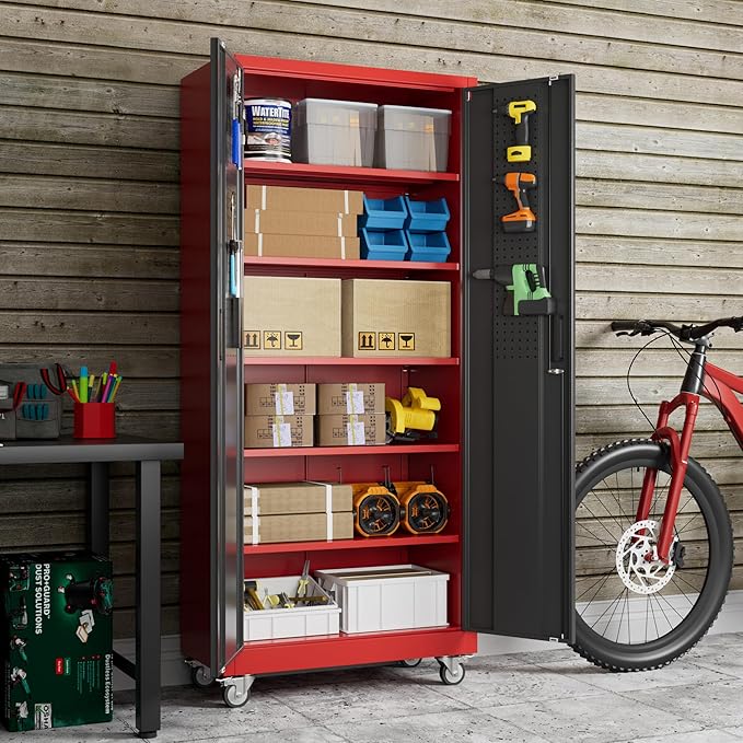 71" H Metal Garage Storage Cabinet with 5 Adjustable Shelves and Pegboard,Steel Storage Cabinet with Wheels for Garage Home Office Utility Room,Required Assembly, Red and Black