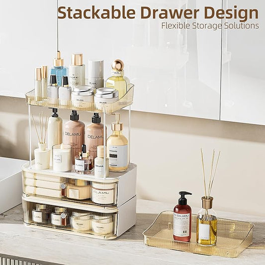 Delamu 2PCS Bathroom Counter Organizer with Drawer, Multi-Purpose 3-Tier Makeup Organizer Countertop for Vanity, Large Cosmetic Display Case Perfume Tray Skincare Organizers, Amber