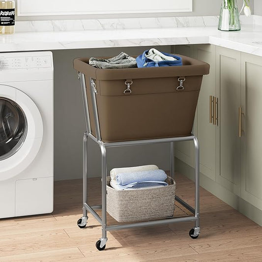 ELYKEN Rolling Laundry Hamper with Wheels, Laundry Cart with Removable Bag, Heavy Duty Metal Frame, 2-Tier Clothes Basket Hamper with Shelf for Closet, Bedroom, Bathroom, Laundry Room, Camel Brown