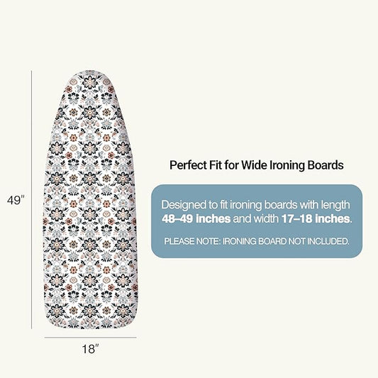 Ironing Board Cover and Pad 18"x49" Extra Thick Natural Cotton,Scorch and Stain Resistant Iron Board Cover,Wide Ironing Board Cover with Fasteners Heavy Duty Heatproof Elastic Edge Floral