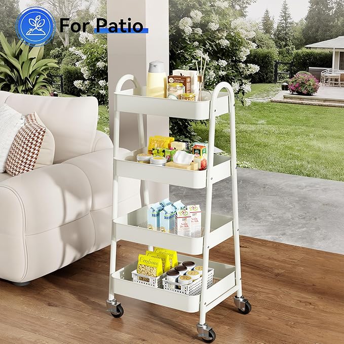 OLIXIS 4 Tier Utility Rolling Cart, Metal Mobile Storage Shelf with Lockable Caster Wheels, Organization for Livingroom, Bathroom & Narrow Places, 4-Tier White