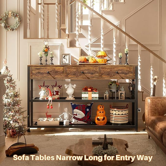 Ecoprsio 47'' Entryway Table with Outlets and USB Ports, Console Table with 3 Drawers, Sofa Table Narrow Long with Storage Shelves for Living Room, Couch, Hallway, Foyer, Kitchen Counter, Rustic Brown