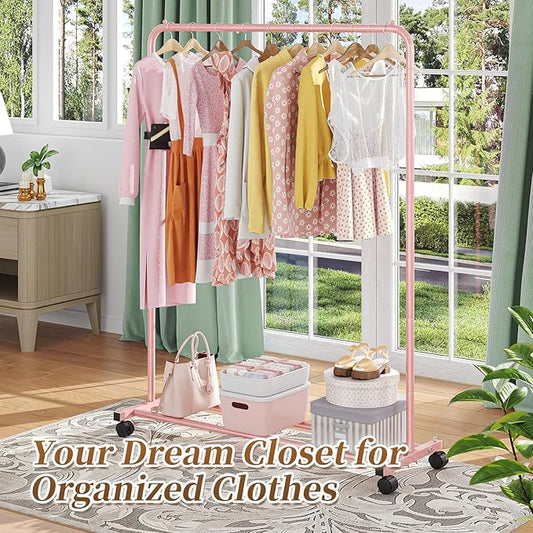Simple Trending Standard Clothes Clothing Garment Rack with Storage Shelves, Rolling Clothes Organizer on Wheels for Hanging Clothes, Pink