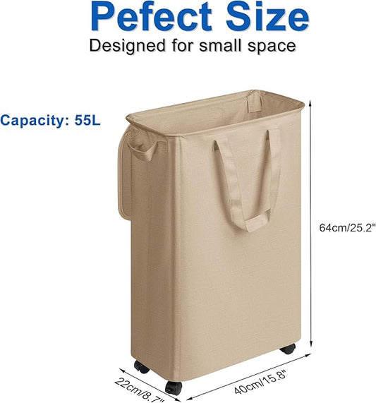 Slim Laundry Hamper with Lid and Wheels, Small Rolling Laundry Basket with Handle for Small Spaces, Tall Dirty Clothes Hampers for Dorm, Bathroom and Bedroom, 55L, Oatmeal
