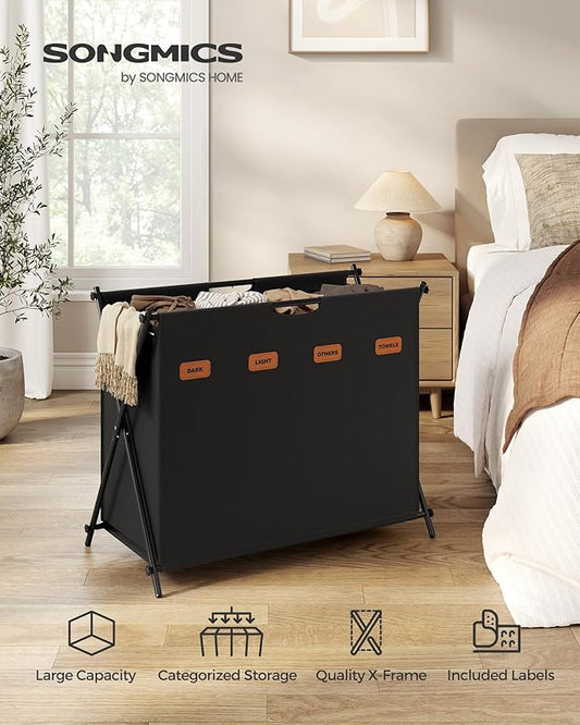 SONGMICS Laundry Hamper, Laundry Basket, 40.9 Gal. Laundry Sorter 4 Sections, Collapsible X-Frame, Clothes Organizer with Customizable Labels, Laundry Room, Bedroom, Bathroom, Ink Black ULCB140B01