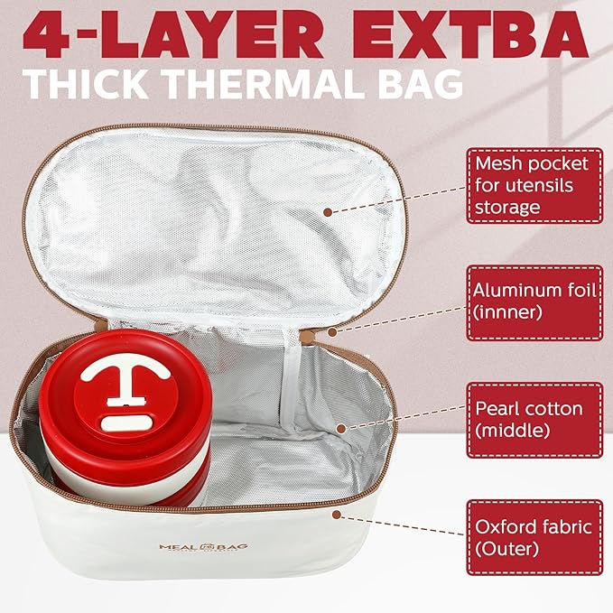 Dandat 4 Pcs Insulated Bento Box Portable Stainless Steel Food Container Round Stackable Leakproof Thermal Food Container for Adult Men Women with Insulated Bag, 74 oz(Red)