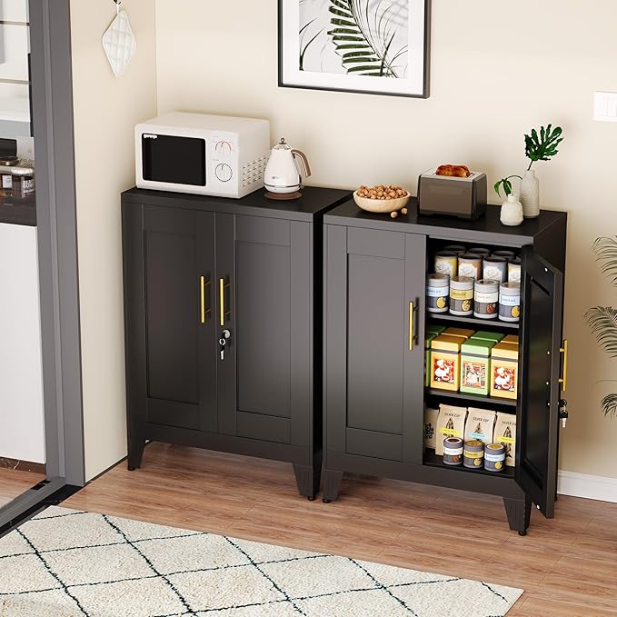 36" Black Metal Storage Cabinet with Lock, Locking Cabinet with 2 Doors and 2 Adjustable Shelves, Bathroom Floor Cabinets, Freestanding Locked File Cabinets for Home/Office/Garage