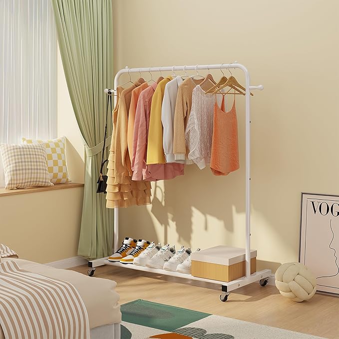 Sywhitta Clothing Rack on Wheels with Storage Shelf & Sturdy Metal Frame, Retail Clothing Rack for Hanging Clothes, Coats, Skirts,Space-Saving Mobile Organizer for Closet, Bedroom, Laundry Room, White