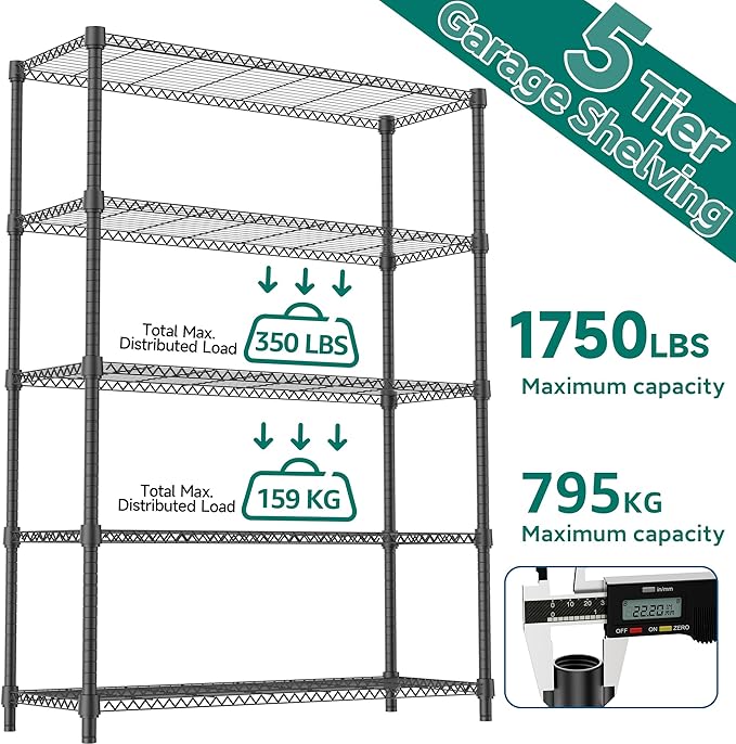 1750LBS 47.2" W 5 Tiers Shelf Steel Storage Shelves Shelving Unit Steel Organizer Wire Rack for Home,Kitchen,Office,Garage Black 17.7" D x 47.2" W x 72.4" H