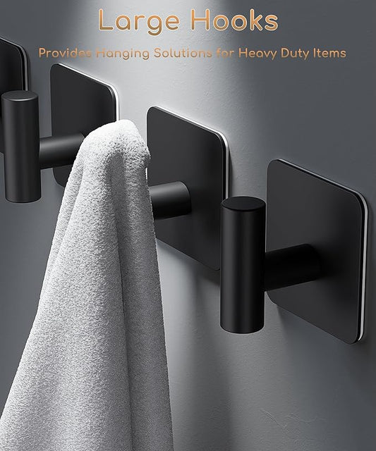 4 Pack Large Heavy Duty Wall Hooks - 26lb Max, Stainless Steel Adhesive Towel Hook, Shower Hooks for Hanging Towel, Coat, Robe, Wall Hook for Use in Bathroom, Kitchen and Door, Matte Black