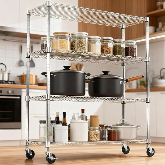 1400LBS 47.2" W 4 Tiers Storage Shelves Metal Shelving Unit with Wheels Heavy Duty Garage Shelving Adjustable Wire Shelves for Pantry,Kitchen,Garage,Basement,Chrome 17.7" D x 47.2" W x 62.6" H