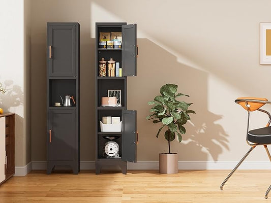 67" H Black Metal Narrow Pantry Cabinet with 2 Doors and 2 Adjustable Shelves, 5 Tier Small Thin Storage Cabinet with Legs and Gold Handle for Kitchen,Home Office,Bath,Laundry,Easy Assembly
