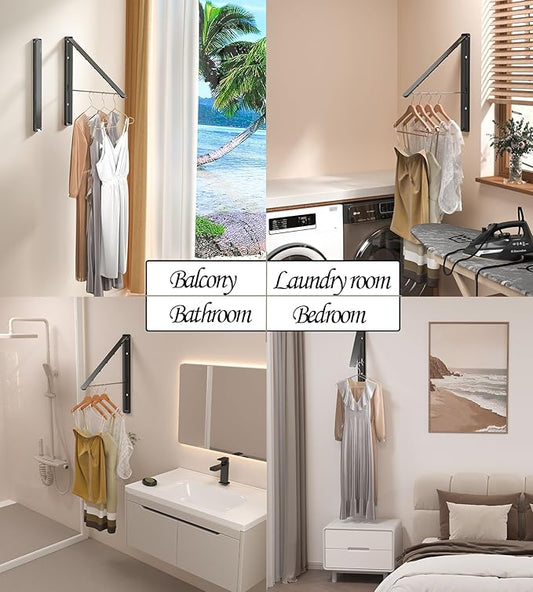 Dr.DJ Clothes Drying Rack, Wall-Mounted Retractable & Foldable Clothes Hanger for Laundry Room Organization and Storage, Metal Clothes Hanger Rack for Dorm, Closet, Balcony(1 Pack, Black)