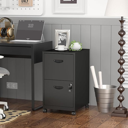 2 Drawer File Cabinet with Lock,Black Rolling File Cabinet for Home Office, Metal Small Mobile Filing Cabinets on Wheels for Hanging Letter