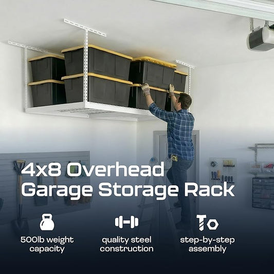 MonsterRax Overhead Garage Storage Rack - 4 x 8 Ceiling Rack for Garage Racks, Organization Shelving, Adjustable Hanging Shelf, White, 12"-21" Height Adjustment