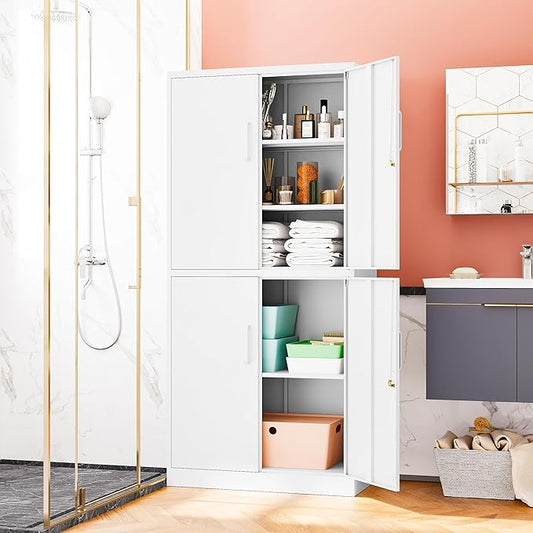 71” Metal Storage Lockable Heavy Duty File Cabinet Garage Tool Cabinets with Doors and Shelves-Tall White Steel Cabinet for Garage for Office, Gym, School