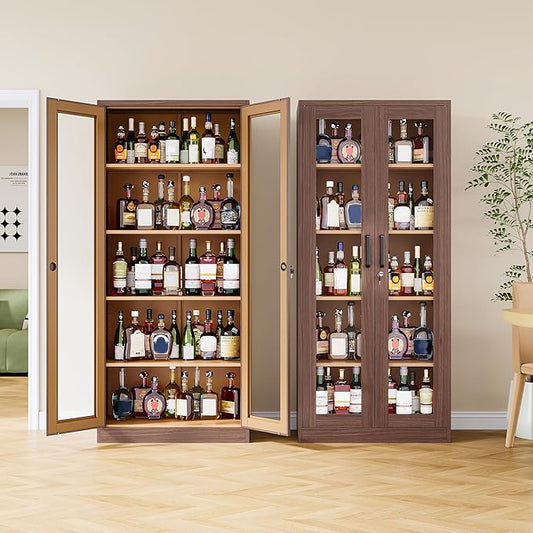 Metal Storage Cabinet with Lock and Glass Doors,Glass Display Cabinet,Tall Storage Cabinets,Locking Curio Cabinets with 5 Shelves for Collectibles,Home,Office,Living Room
