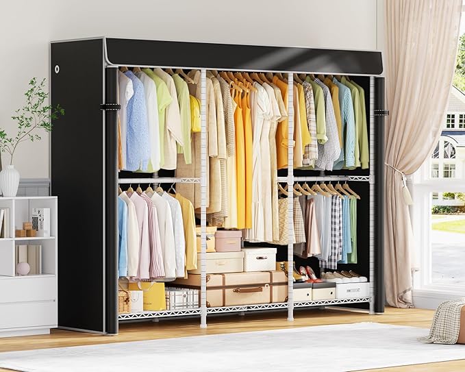 E14C Pro Heavy Duty Closet Organizer System,Freestanding Clothing Racks for Hanging Clothes,Adjustable Garment Rack 70.1"W × 16.6"D × 76.4"H Hold 960 lbs,White Rack with Black Dustproof Cover