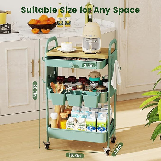 danpinera 3 Tier Rolling Cart, Metal Utility Cart with Wooden Table Top & DIY Pegboard, Rolling Carts with Drawer, Storage Cart Craft Cart with Hooks & Hanging Cups for Kitchen, Bathroom, Office