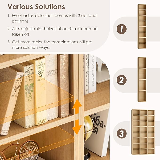 FOTOSOK 2 Pcs 71'' Tall Narrow Bookshelf, 8-Tier Media Tower Rack Set of 2, CD DVD Storage Cabinet with Adjustable Shelves, Tall Narrow Bookcase Skinny Display Bookshelf Slim Shelf, Natural