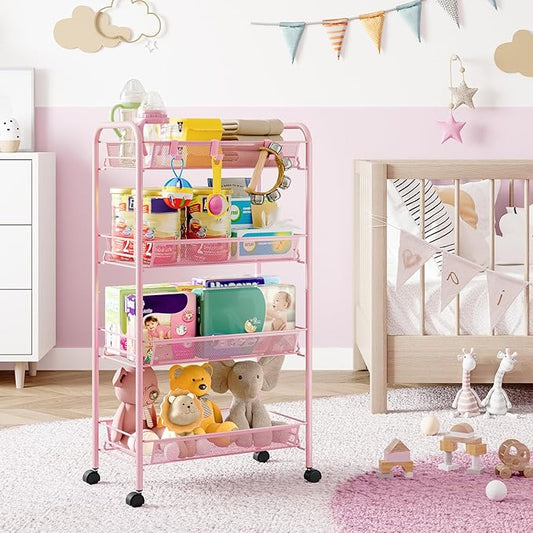 4-Tier Metal Utility Cart, Mesh Wire Rolling Cart on Wheels, Storage Trolley with Easy Assembly, Organizer Craft Cart 3 Hooks, Mobile Shelving Unit for Bathroom, Laundry Room, Home