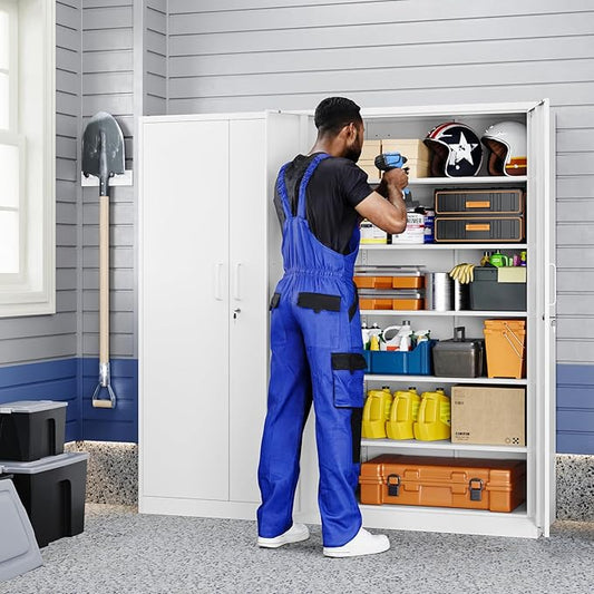Yizosh Metal Garage Storage Cabinet with 2 Doors and 5 Adjustable Shelves - 71" Steel Lockable File Cabinet,Locking Tool Cabinets for Office,Home,Garage,Gym,School (White)