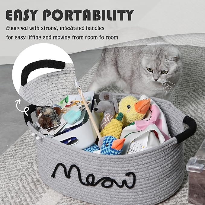 Sea Team Cat Toy Storage Basket with Handles, 16.5 x 11 x 7 Inches, 4.4 Gallons Large Cotton Rope Storage Bin, Shelf Basket, Organizer for Pet Chew Toys, Foods, Grey Meow