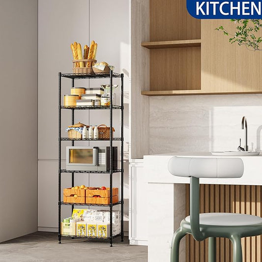 REGILLER 6 Wire Shelving Steel Storage Rack Adjustable Unit Shelves for Laundry Bathroom Kitchen Pantry Closet(Black,11.7" D x 21.4" W x 63" H)