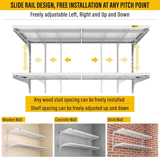2 Tier 1.3x4ft Garage Shelving Wall Mounted, 15.6x48inch per Shelf Height Cassette Adjustable Floating Shelves (White)