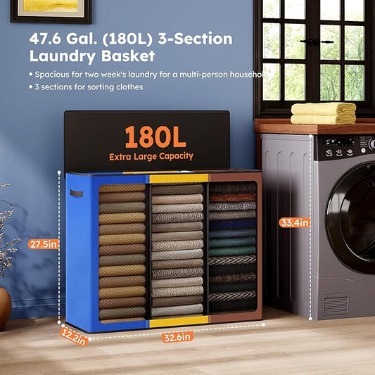 SOLEDI 180L Laundry Hamper 3 Section, Extra Large Laundry Hamper with Lid, Dirty Clothes Hamper with Sturdy Handle, Large Laundry Basket Organizer for Laundry Room, Bedroom, Hampers for Laundry
