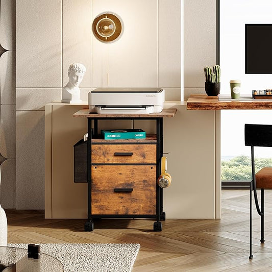 File Cabinet Printer Stand, Fabric Mobile Filing Cabinet with 2 Storage Drawers, for Hanging A4, Letter Size File Folders, Open Shelf with Storage Bag and Hooks Home Office, Rustic Brown