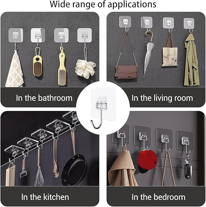Adhesive Hooks for Hanging, Wall Hooks Self Adhesive Towel Coat Waterproof Transparent Hook for Bathroom Shower Kitchen Keys Door Outdoor Home Improvement Utility Hook 18 Pack Hold 40 lb(Max)