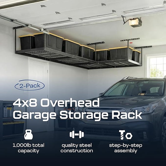 2-Pack 4 x 8 MonsterRax Overhead Garage Storage Rack, Ceiling Racks for Garage, Organization Shelving, Adjustable Hanging Shelf, Grey, 24"-45" Height Adjustment