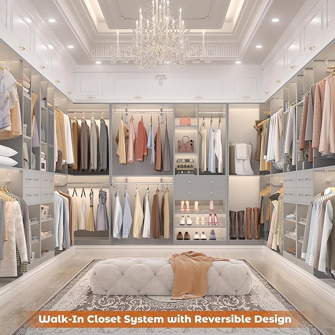 Closet System (Set of 3) with 4 Drawers, 8 Hanging Robs, 91.5"/151" Closet Organizer System with Corner Tower, Reversible Walk-in Closet System Corner Closet System, Morandi Grey