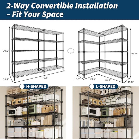 5-Tier Metal Storage Shelves, Adjustable Wire Shelving Unit for Garage, Pantry, Basement & Kitchen, Heavy-Duty Shelf Organizer with Double-Row Design, 70.8" w x 15.8" d x 70.5" h, 265 Lbs Per Tier