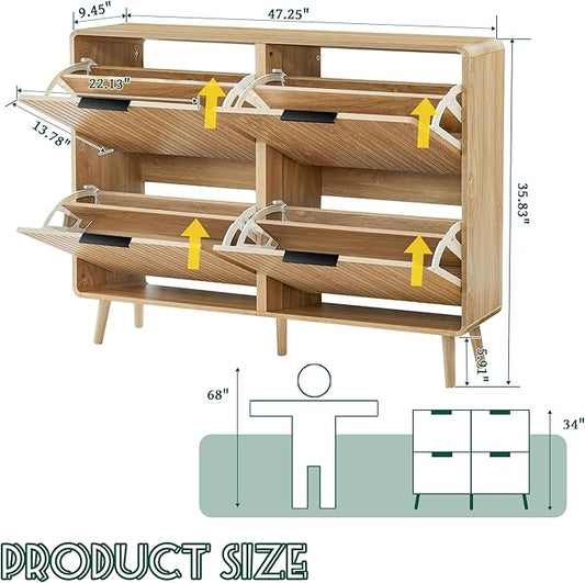47" Fluted Large Shoe Cabinet with 4 Flip Drawers, Slim Freestanding Shoe Cabinet Organizer, Narrow Shoes Storage Rack for Entryway, 5 Sturdy Legs (All Natural, 9.45" D x 47.24" W x 35.83" H)