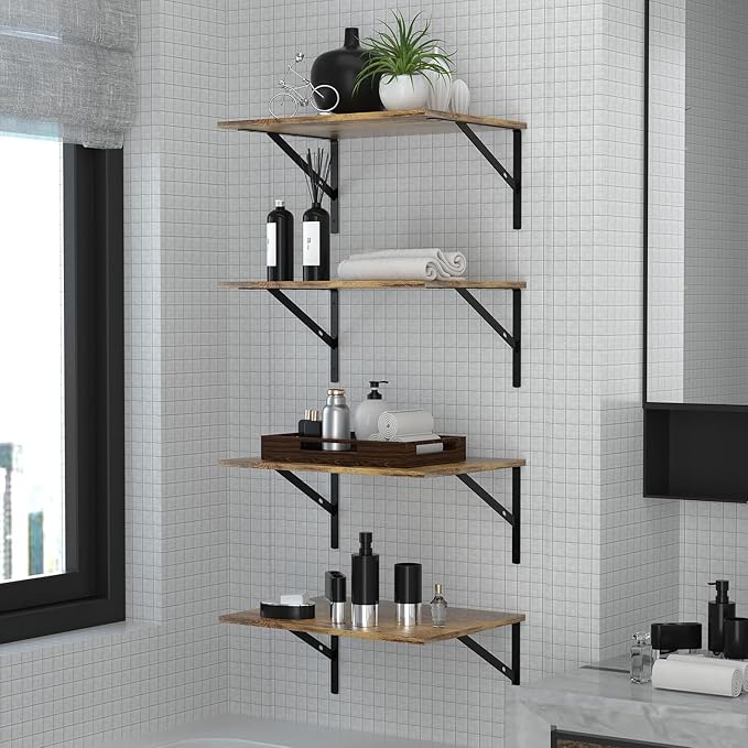 Deep Floating Wall Shelves - 4 Sets of 12 Inch Wide Rustic Brown Wood Shelves for Bathroom, Bedroom, Kitchen, Living Room