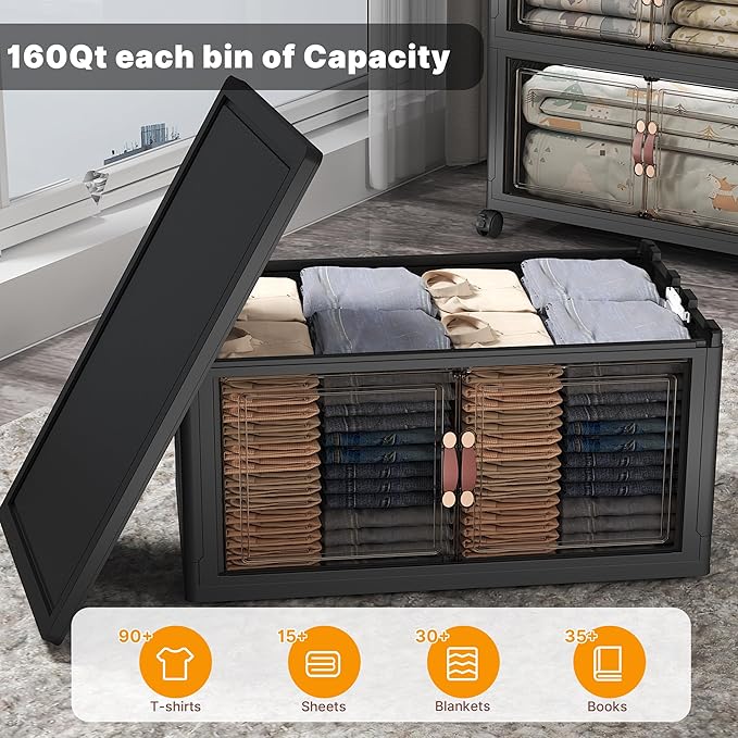 Extra Large Stackable Storage Bins with Lids & Wheels & Door,Foldable Collapsible Closet Organizers, Plastic containers drawers for bedroom Dorm (Dark-160qt, 1Pack with 1 top lid)