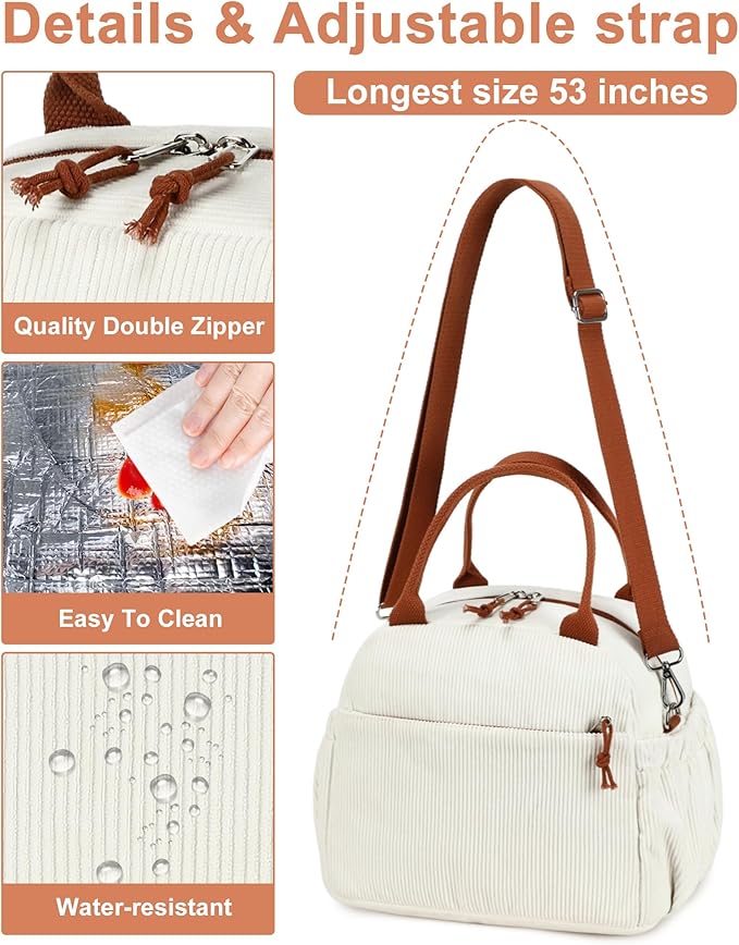 Bluboon Lunch Bag for Women Cute Corduroy Lunch Tote Bags with Shoulder Strap Reusable Insulated Lunch Box Large Capacity Reusable Insulated Cooler for Work Picnic or Travel (13L)